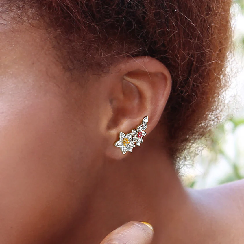 Elegant Flowers Climbers Earrings with Silver Plated Brass - Image 3