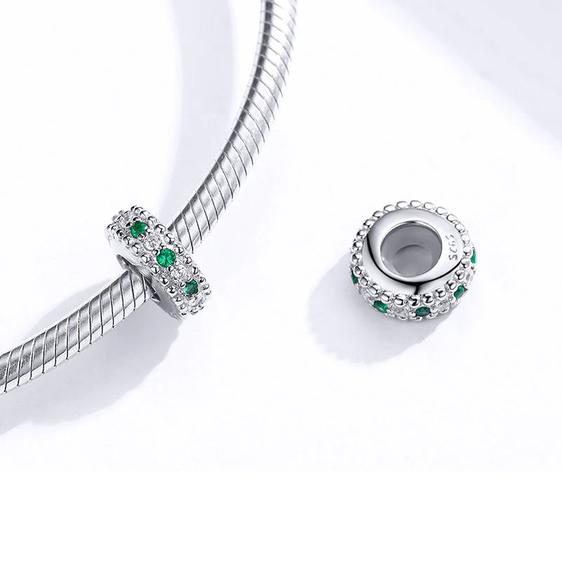 Elegant Retro Stopper for Charm Bracelets 925 Sterling Silver Inlaid with Clear & Green CZ Stones - Image 2