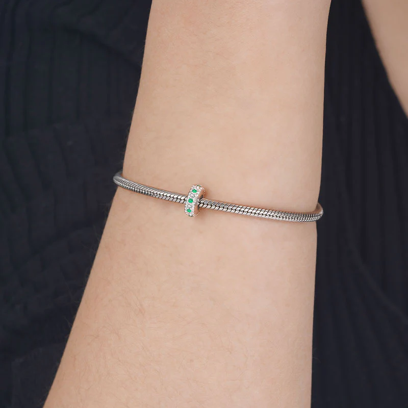 Elegant Retro Stopper for Charm Bracelets 925 Sterling Silver Inlaid with Clear & Green CZ Stones - Image 3