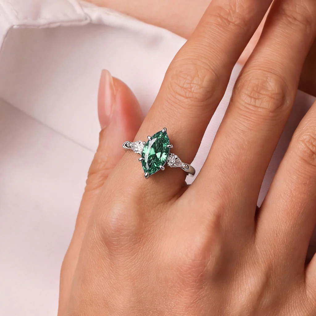 Gnoce  Green Emerald Marquise-Cut Engagement Ring - Image 2