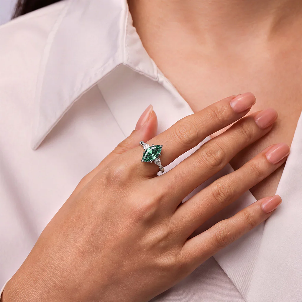 Gnoce  Green Emerald Marquise-Cut Engagement Ring - Image 3