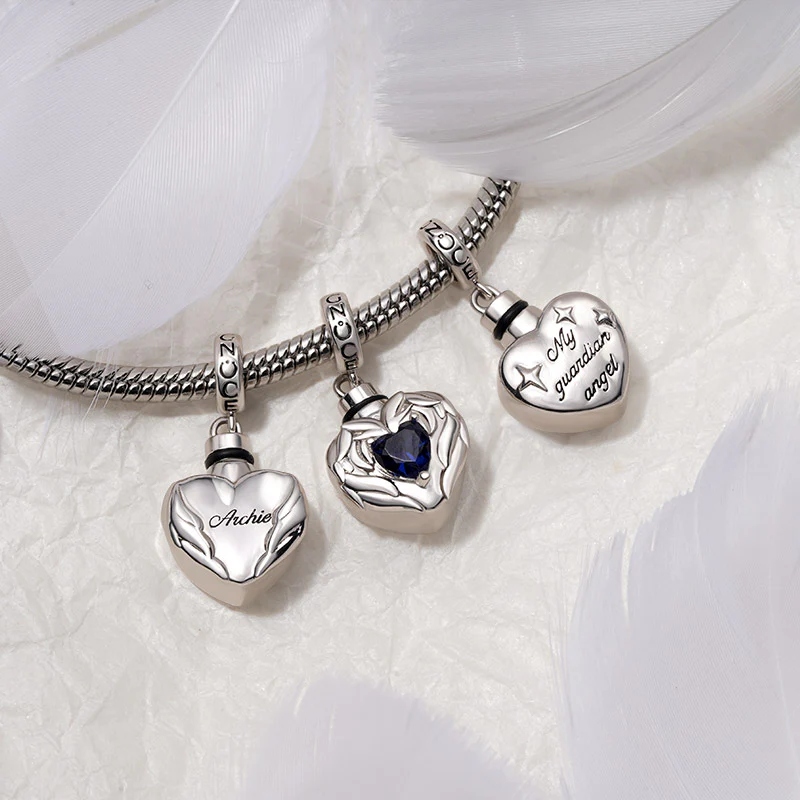 Gnoce Engravable Birthstone Heart Urn Ashes Charm Platinum-plated Silver Blend - Image 4