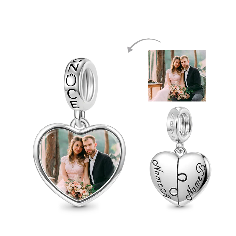 Gnoce Personalized Photo Engravable Name Heart Charm Platinum-plated Silver Blend
