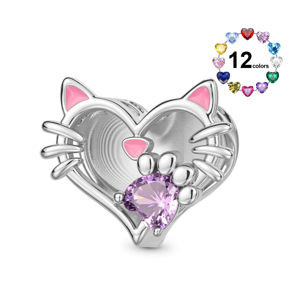 Gnoce Engravable Pet Cat Birthstone Charm Platinum-plated Silver Blend