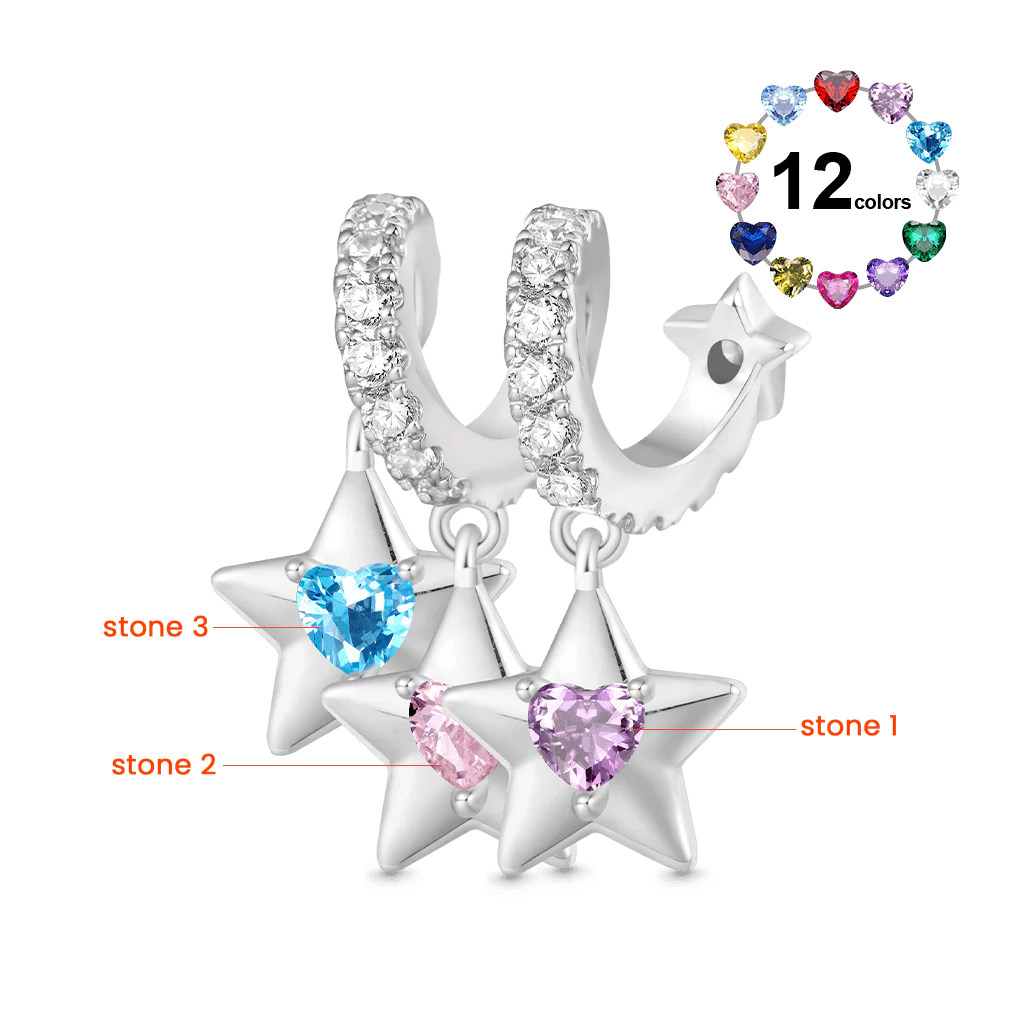 Gnoce Engravable Stars Three Birthstone Charm Platinum-plated Silver Blend - Image 2