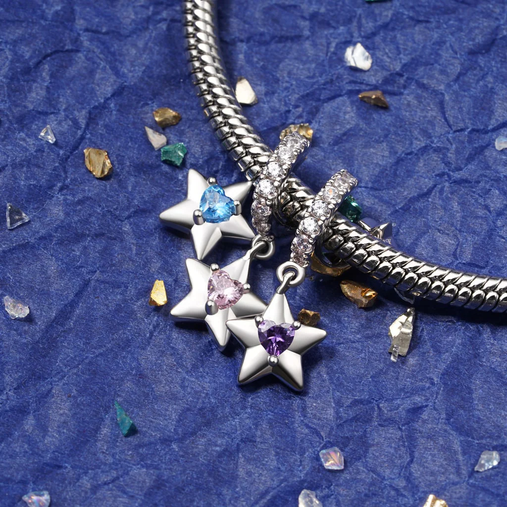 Gnoce Engravable Stars Three Birthstone Charm Platinum-plated Silver Blend - Image 5