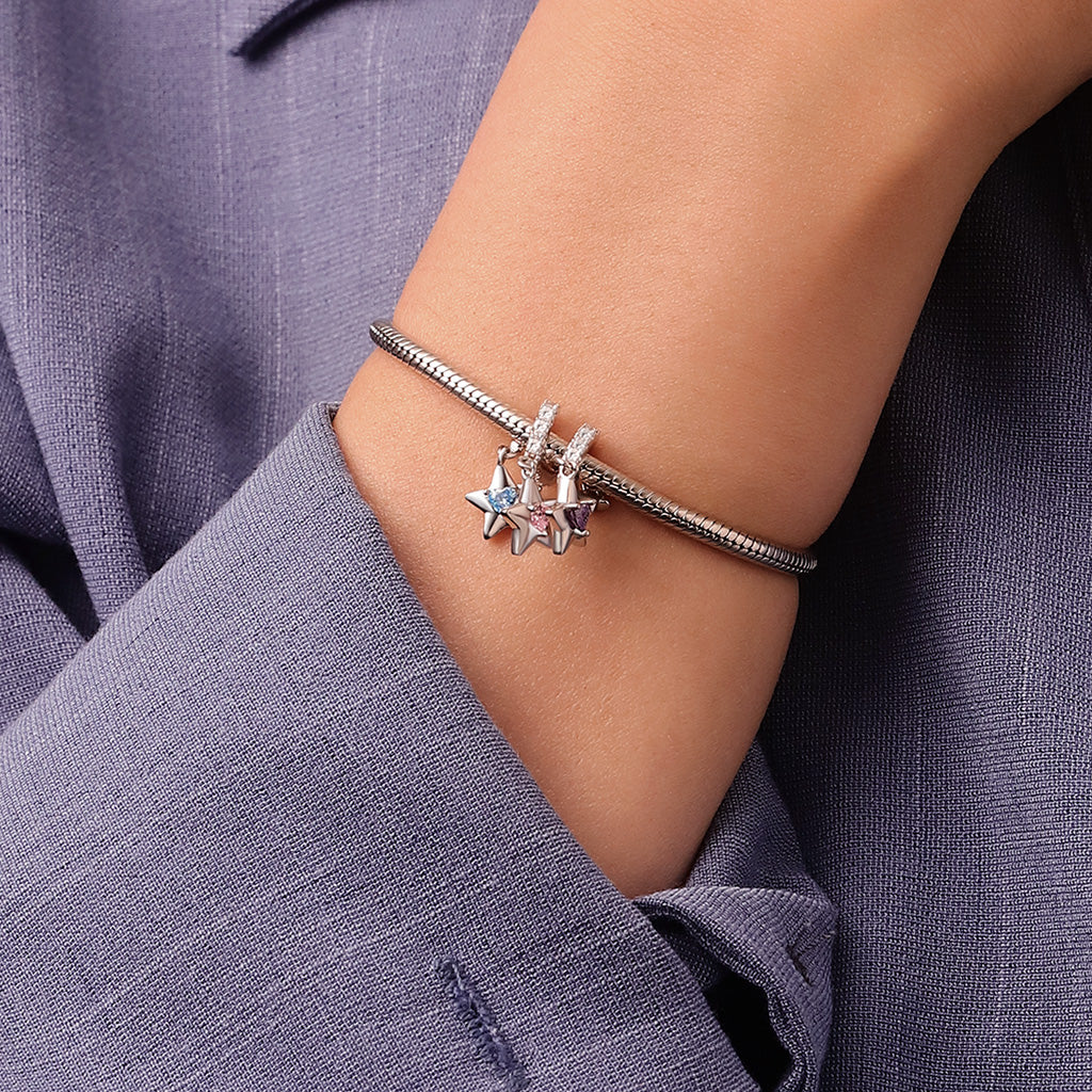 Gnoce Engravable Stars Three Birthstone Charm Platinum-plated Silver Blend - Image 7