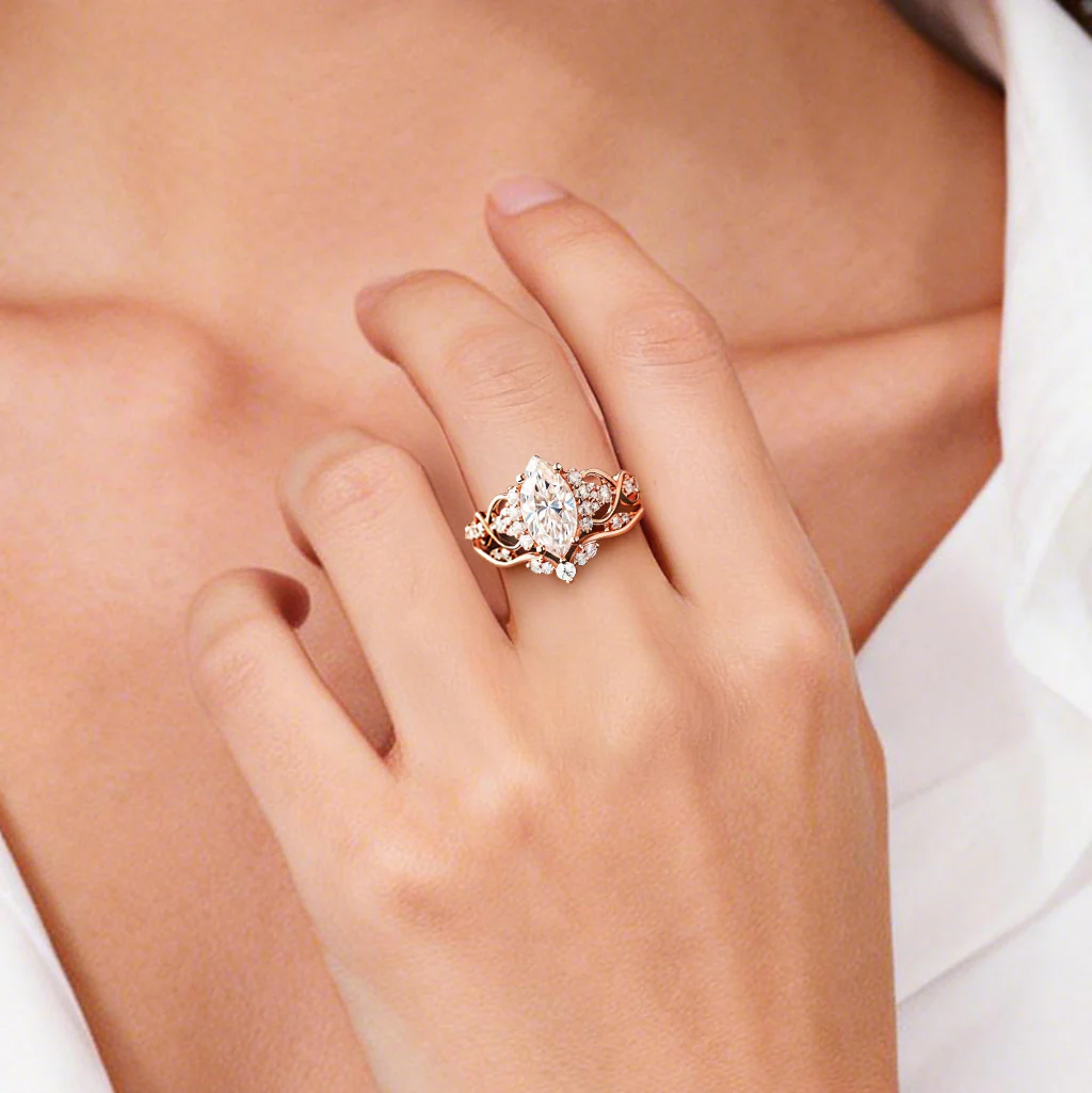 Gnoce Vintage Filigree Marquise-Cut Moissanite Ring - Image 2