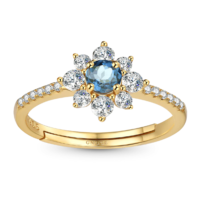 Nature Blue Topaz Gemstone Flower Halo Ring 925 Sterling Silver 18k Gold Plated Inlaid with Clear CZ Stones
