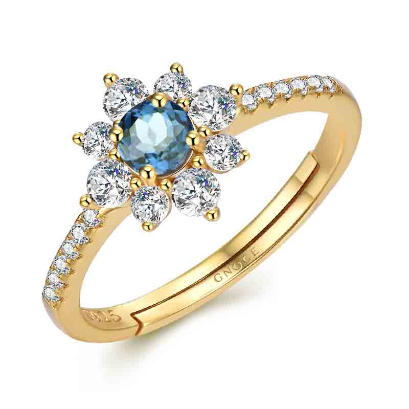 Nature Blue Topaz Gemstone Flower Halo Ring 925 Sterling Silver 18k Gold Plated Inlaid with Clear CZ Stones - Image 2