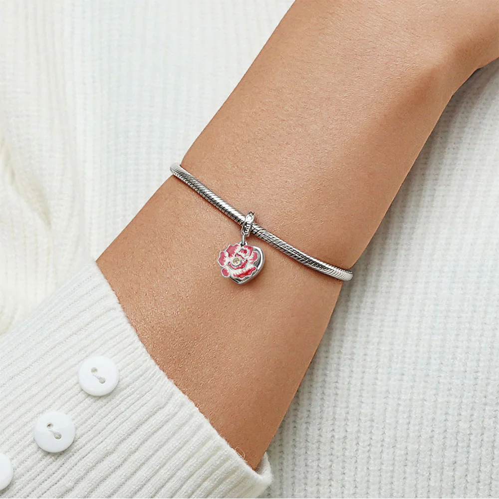Gnoce Flower Heart Personalized Photo Double Charm Platinum-plated Silver Blend - Image 4