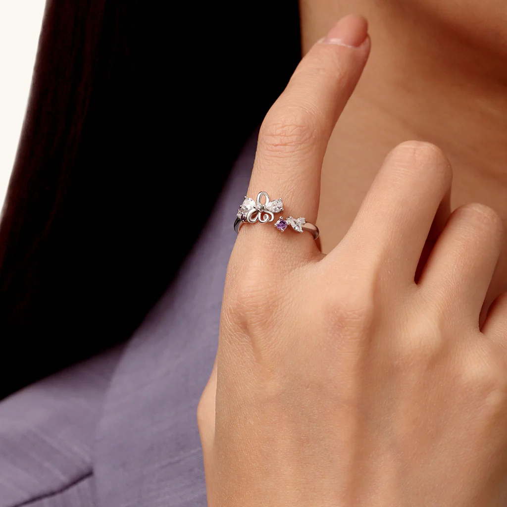 Gnoce Zircon Inlaid Flower Open Ring Platinum-plated Silver Blend - Image 4