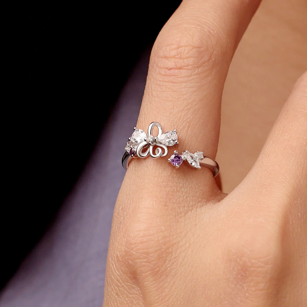 Gnoce Zircon Inlaid Flower Open Ring Platinum-plated Silver Blend - Image 5