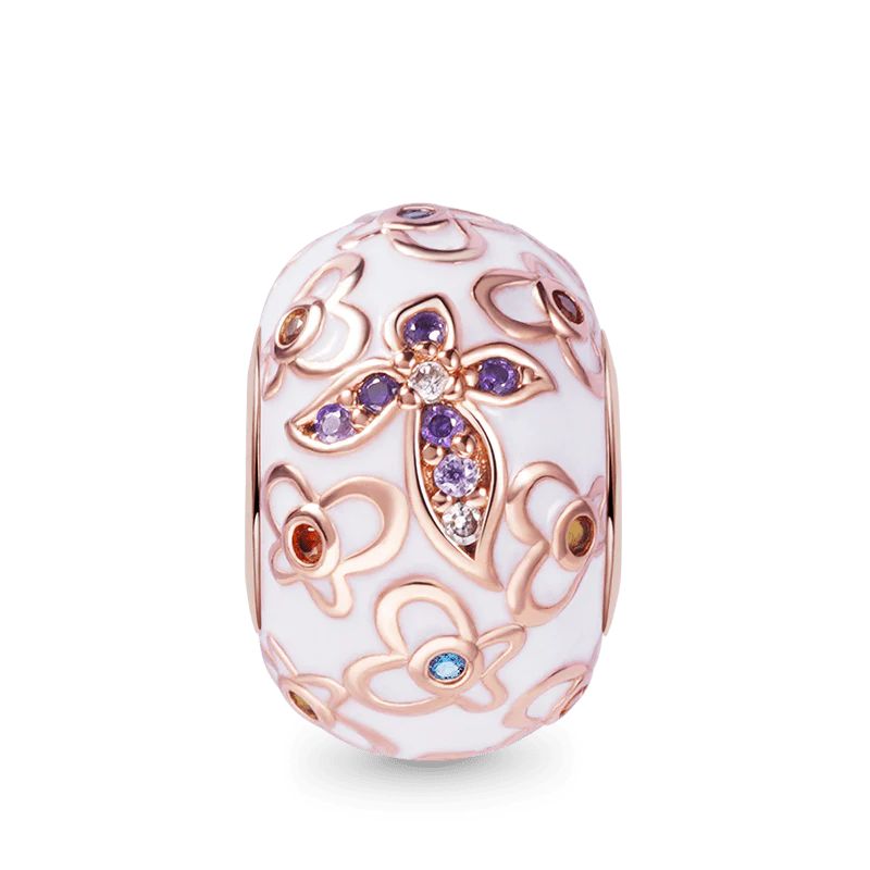 Gnoce Flower Pattern White Stopper Charm Platinum-plated Silver Blend