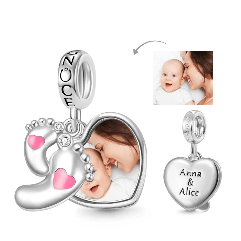Gnoce Baby Footprints & Heart Engravable Charm Platinum-plated Silver Blend