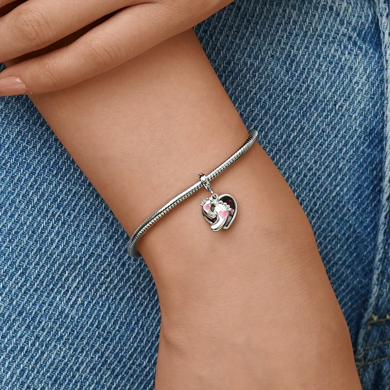 Gnoce Baby Footprints & Heart Engravable Charm Platinum-plated Silver Blend - Image 4
