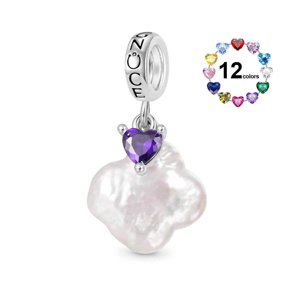 Gnoce Four-leaf Clover Pearl Birthstone Heart Charm Platinum-plated Silver Blend