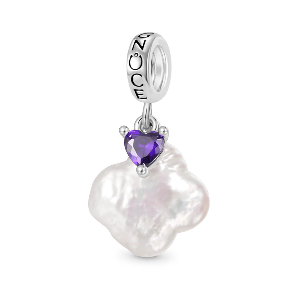 Gnoce Four-leaf Clover Pearl Birthstone Heart Charm Platinum-plated Silver Blend - Image 2