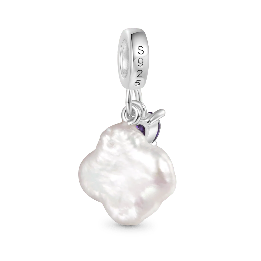 Gnoce Four-leaf Clover Pearl Birthstone Heart Charm Platinum-plated Silver Blend - Image 3