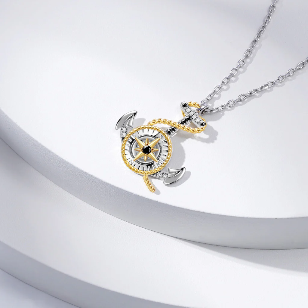 Gnoce Anchor Compass Twisted Rope Necklace Platinum-plated Silver Blend - Image 3