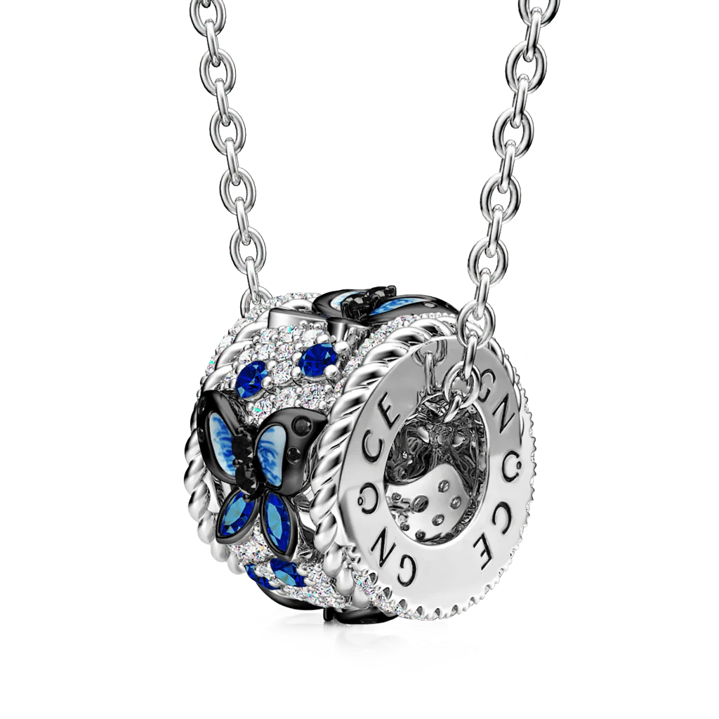 Gnoce Blue Butterfly Drum Necklace Platinum-plated Silver Blend