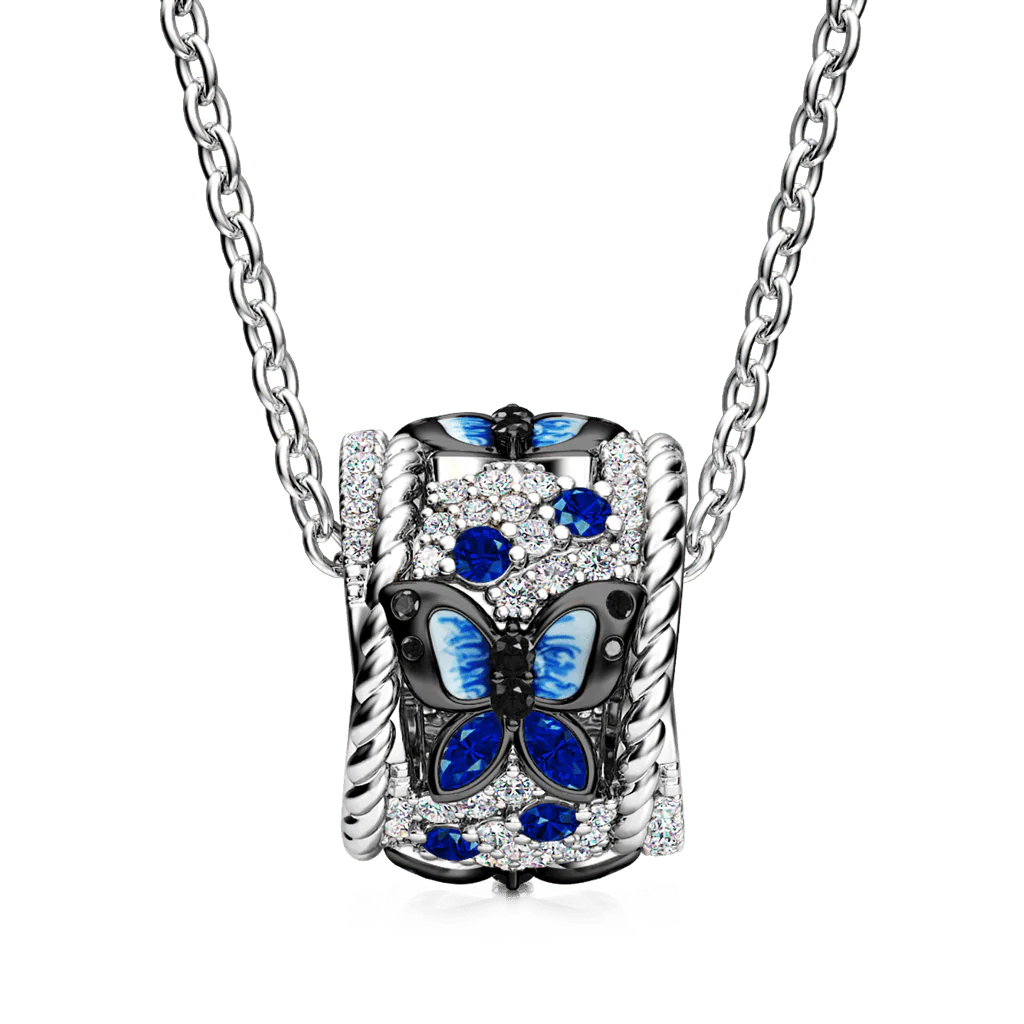 Gnoce Blue Butterfly Drum Necklace Platinum-plated Silver Blend - Image 2