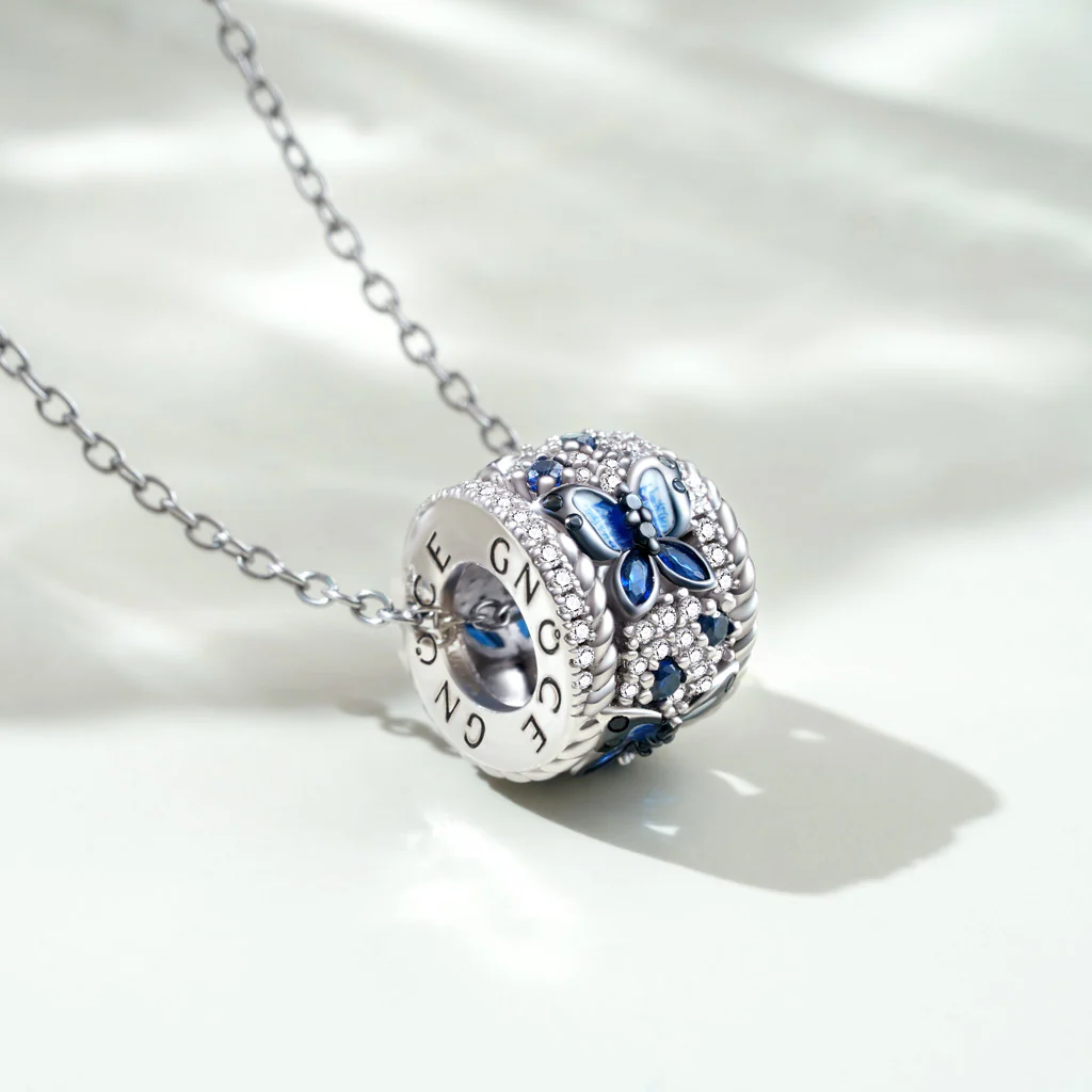 Gnoce Blue Butterfly Drum Necklace Platinum-plated Silver Blend - Image 3