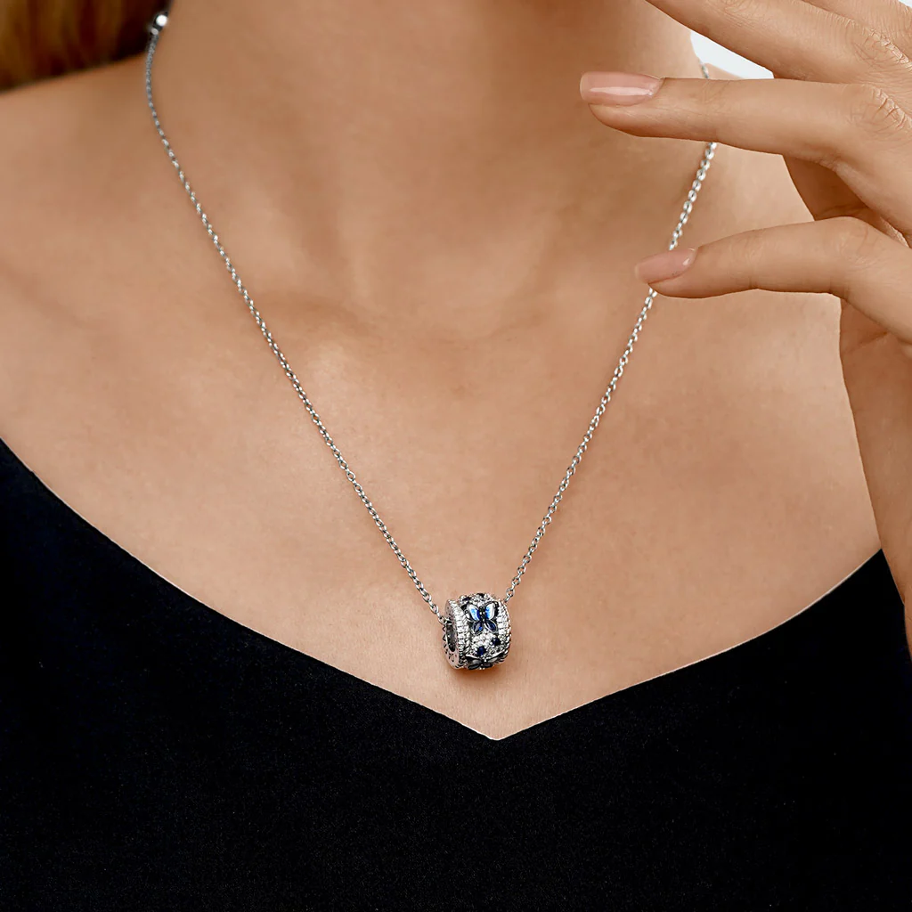 Gnoce Blue Butterfly Drum Necklace Platinum-plated Silver Blend - Image 4