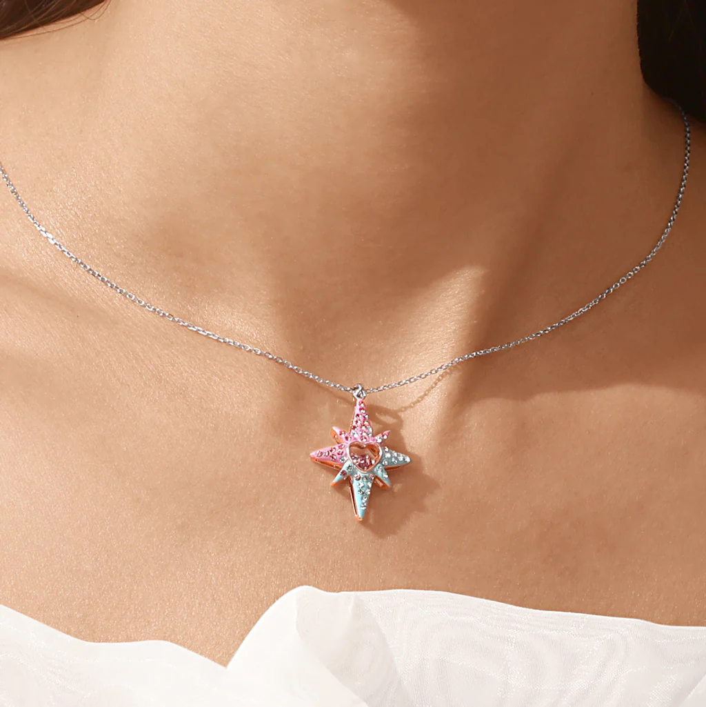 Gnoce Dancing Heart Eight-Pointed Star Necklace Platinum-plated Silver Blend - Image 8