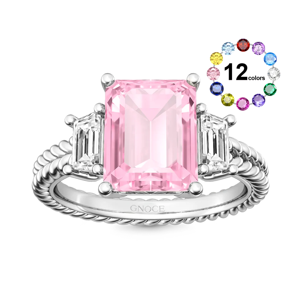 Gnoce Emerald-cut Three Stone Birthstone Engagement Ring