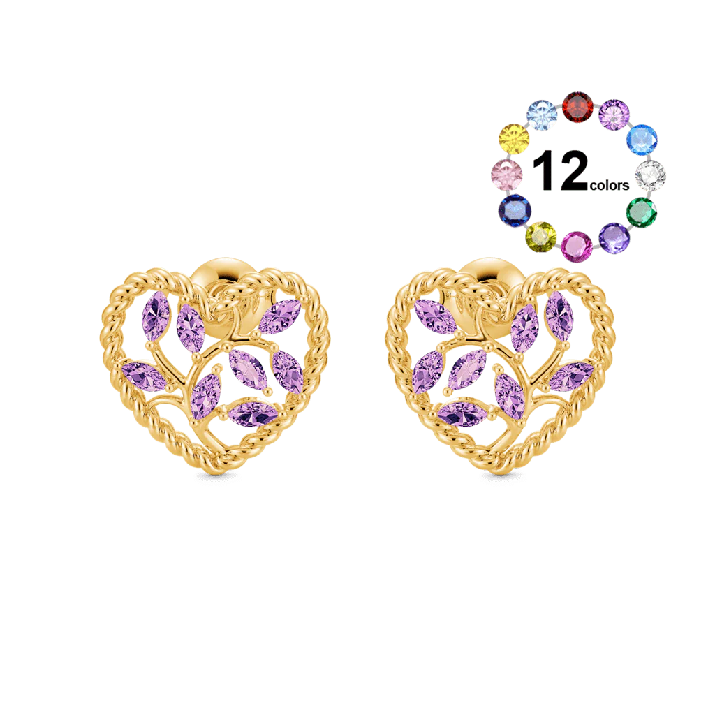 Gnoce Olive Leaf Twisted Rope Heart Stud Earrings Inlaid with Marquise Gemstones