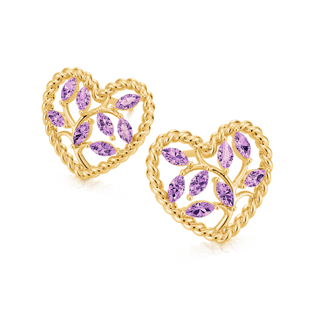 Gnoce Olive Leaf Twisted Rope Heart Stud Earrings Inlaid with Marquise Gemstones - Image 3