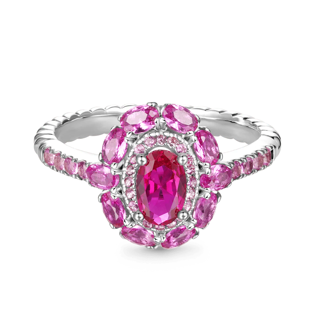 Gnoce Oval Fuchsia Double Halo Ring Platinum-plated Silver Blend