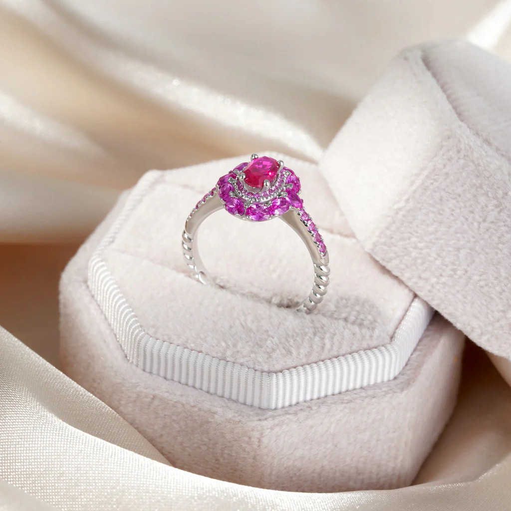 Gnoce Oval Fuchsia Double Halo Ring Platinum-plated Silver Blend - Image 5