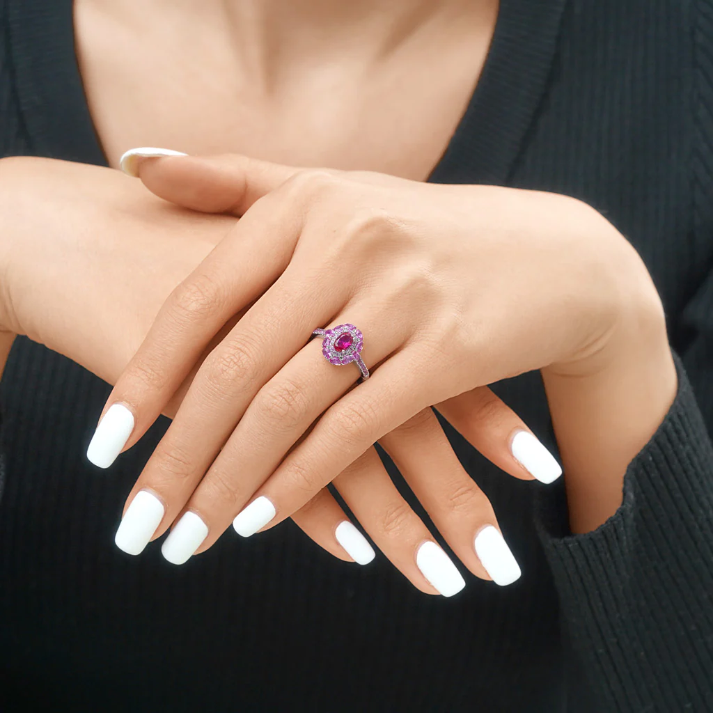 Gnoce Oval Fuchsia Double Halo Ring Platinum-plated Silver Blend - Image 6