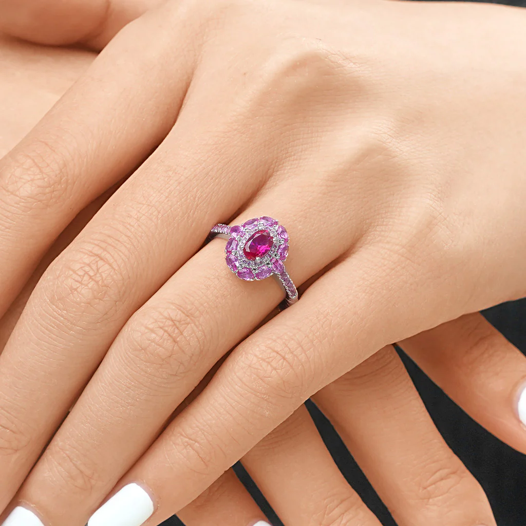 Gnoce Oval Fuchsia Double Halo Ring Platinum-plated Silver Blend - Image 7