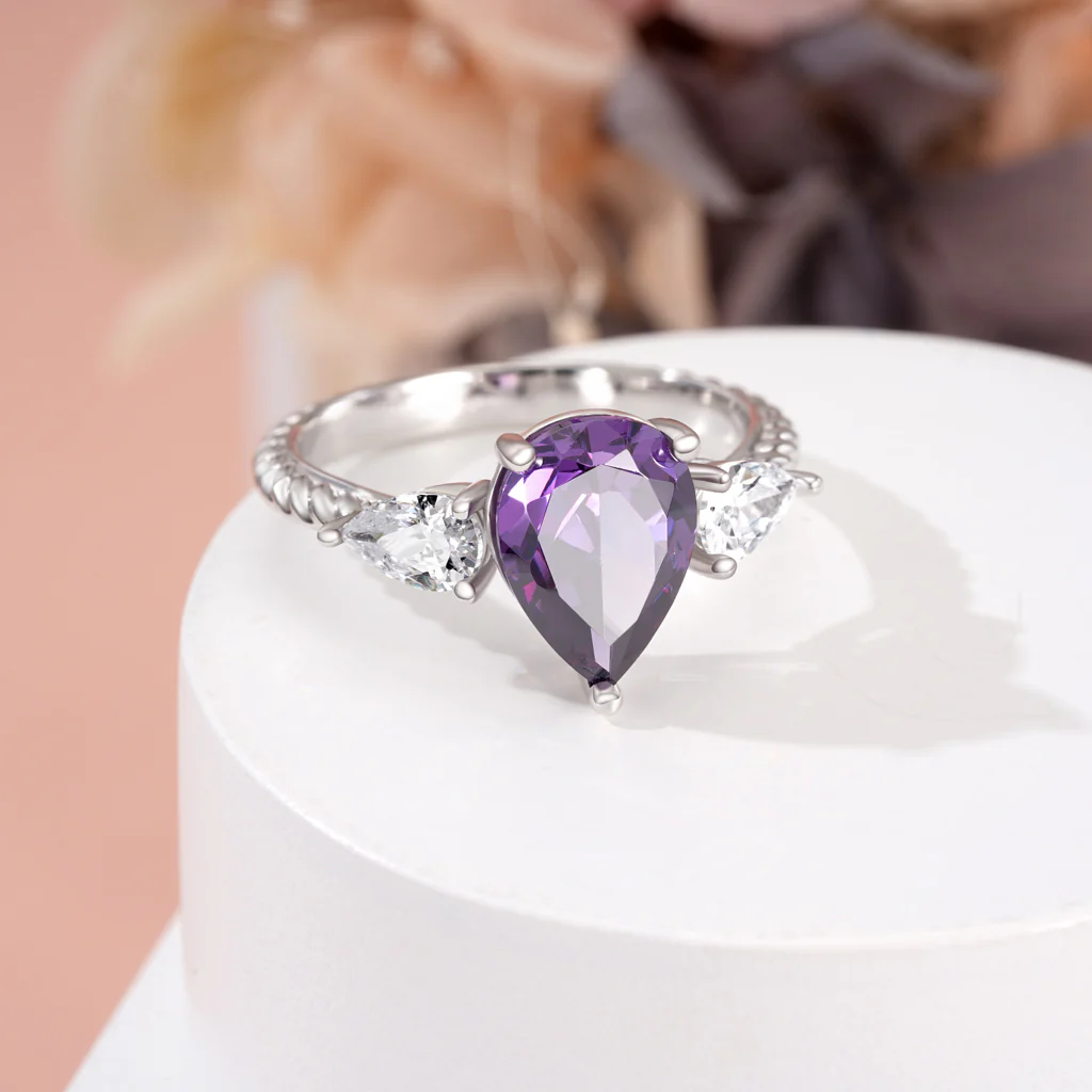 Gnoce Pear Amethyst Three-stone Twisted Rope Ring Platinum-plated Silver Blend - Image 5