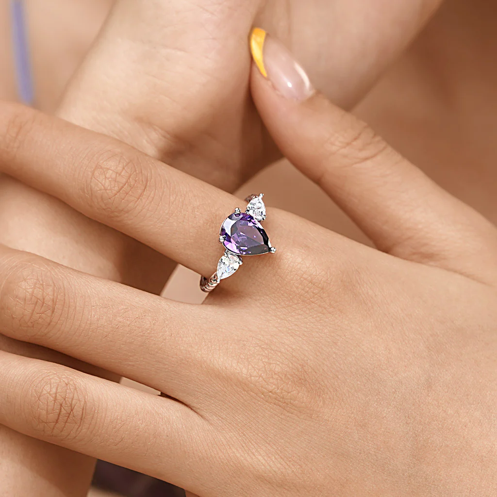 Gnoce Pear Amethyst Three-stone Twisted Rope Ring Platinum-plated Silver Blend - Image 7