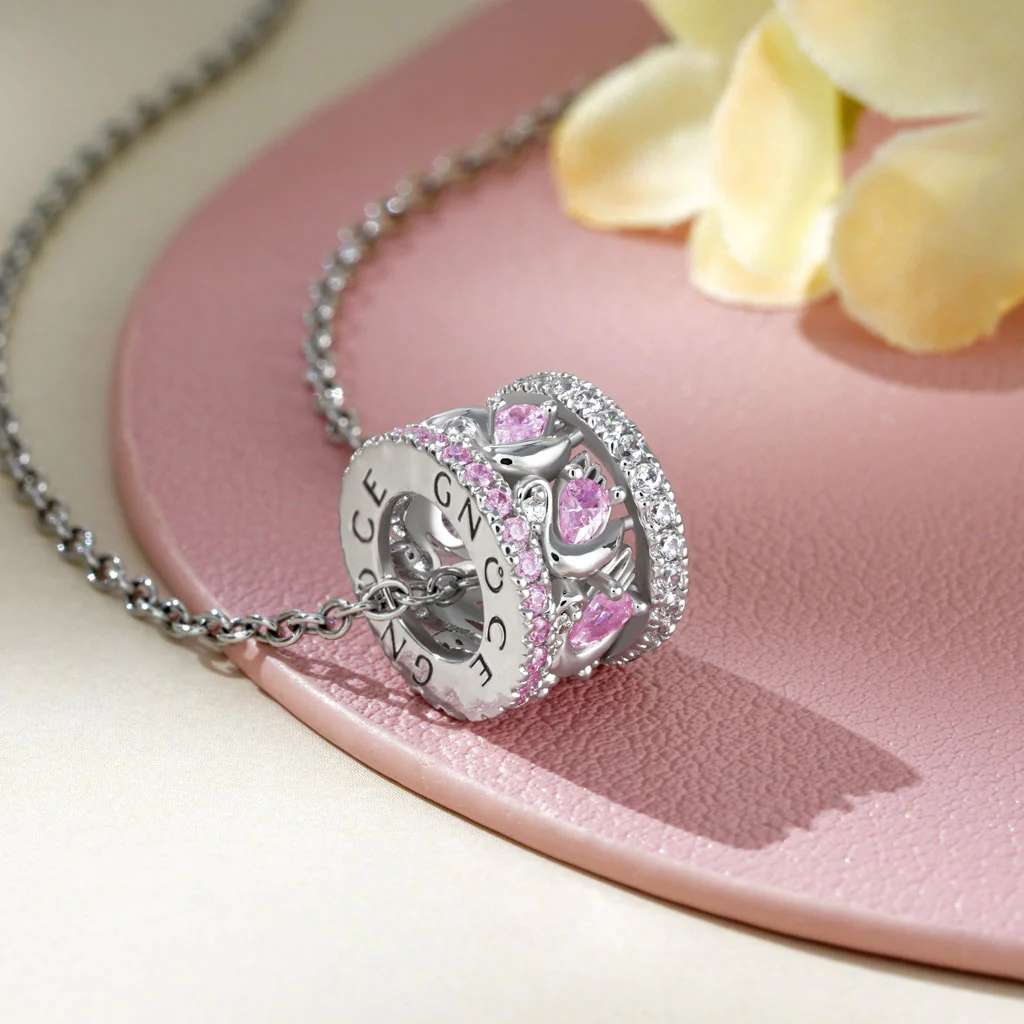 Gnoce Pink Swan Drum Pendant Necklace Platinum-plated Silver Blend - Image 3