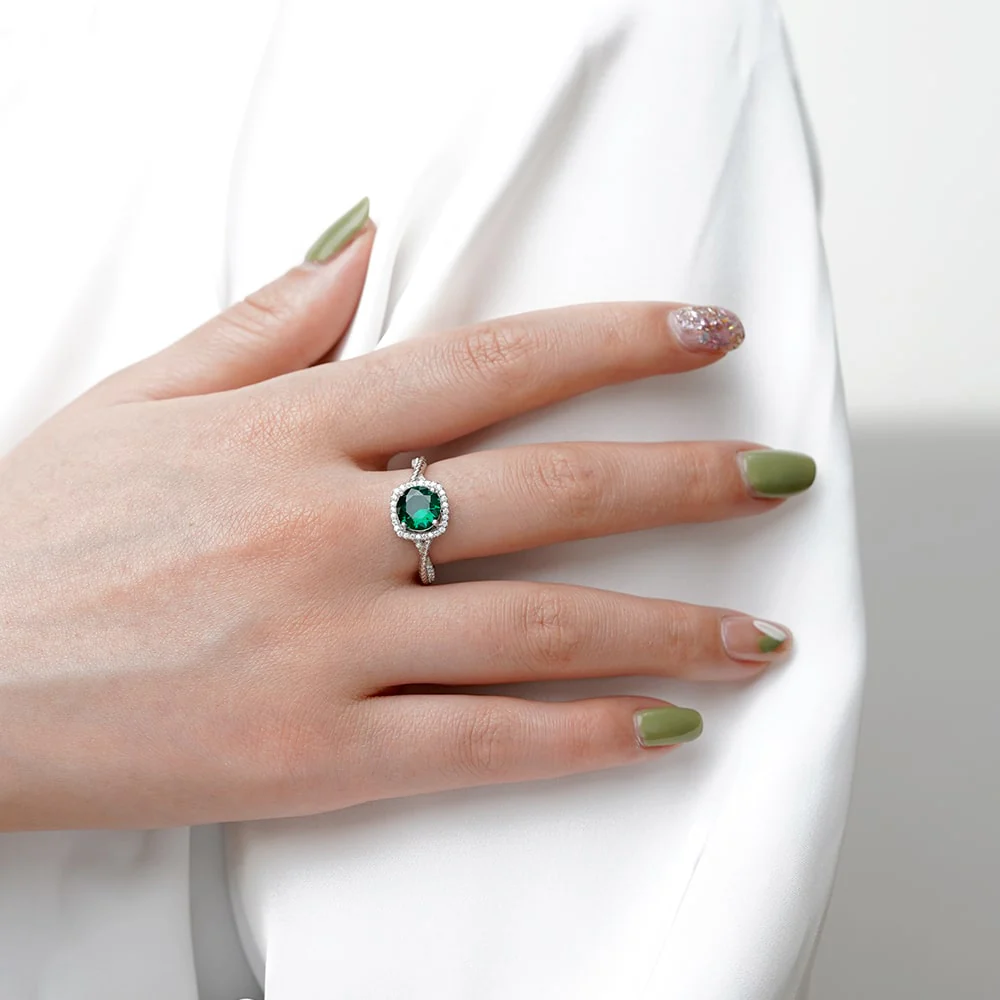 Gnoce Round Cut Green Halo Split Shank Engagement Ring - Image 5