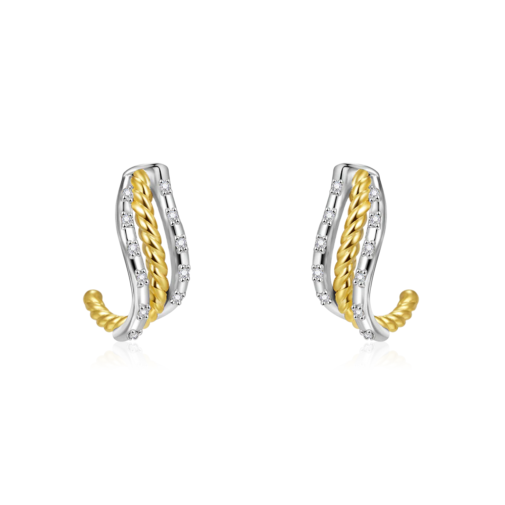 Gnoce Twisted Shape Two Tone Paved C-hoop Stud Earrings
