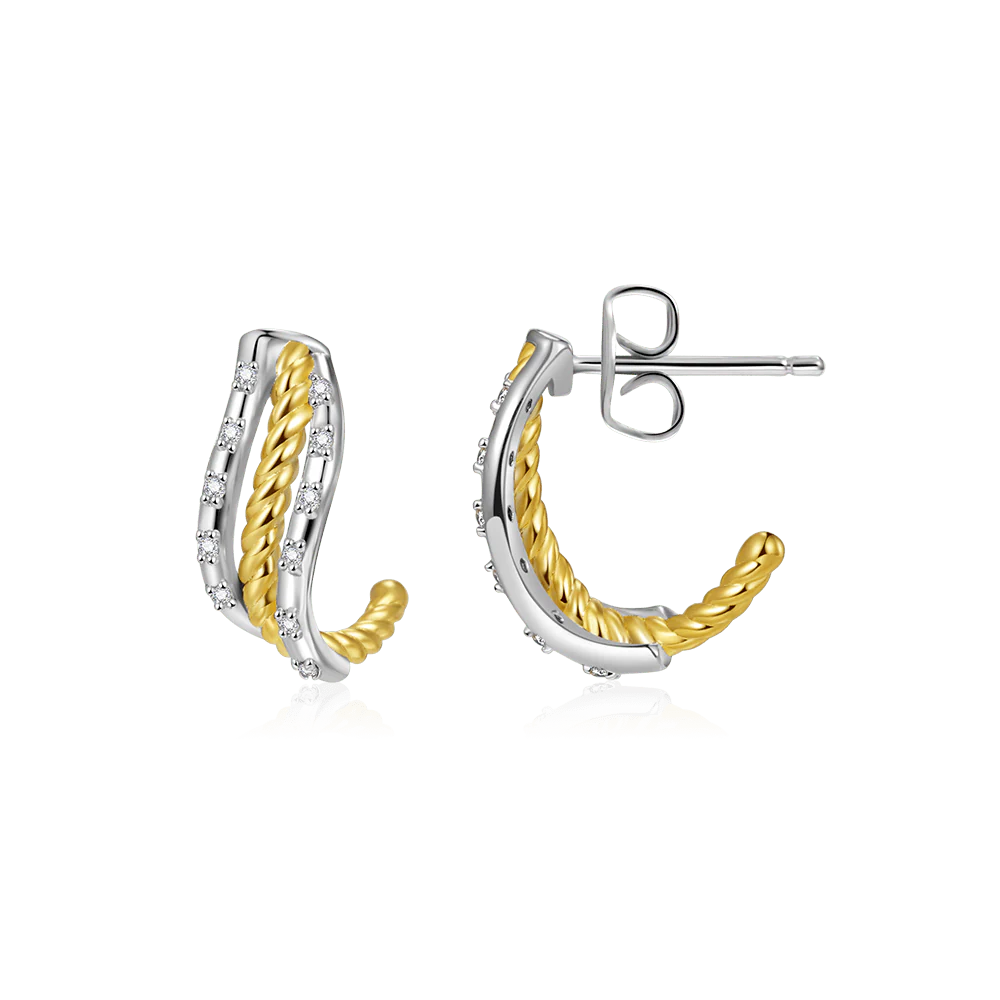 Gnoce Twisted Shape Two Tone Paved C-hoop Stud Earrings - Image 2