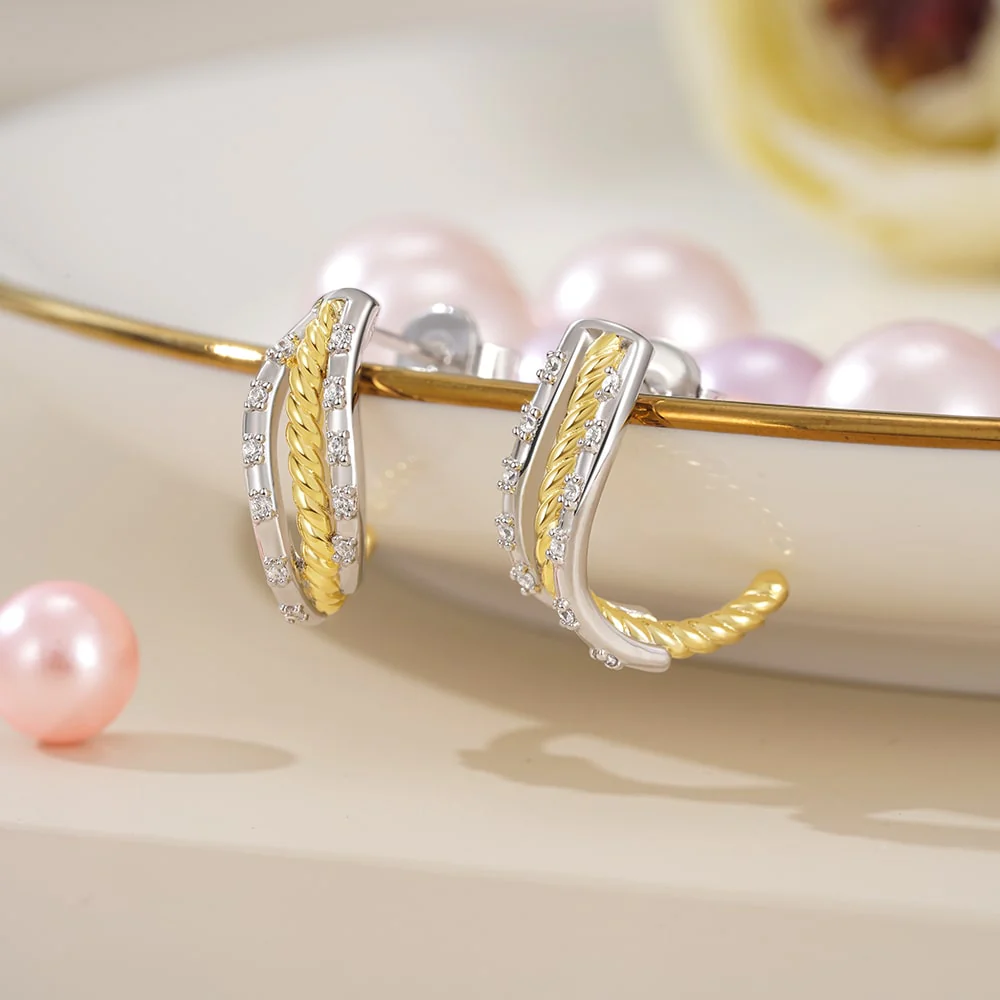 Gnoce Twisted Shape Two Tone Paved C-hoop Stud Earrings - Image 3