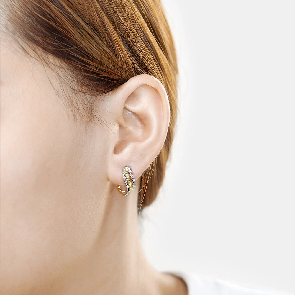Gnoce Twisted Shape Two Tone Paved C-hoop Stud Earrings - Image 5