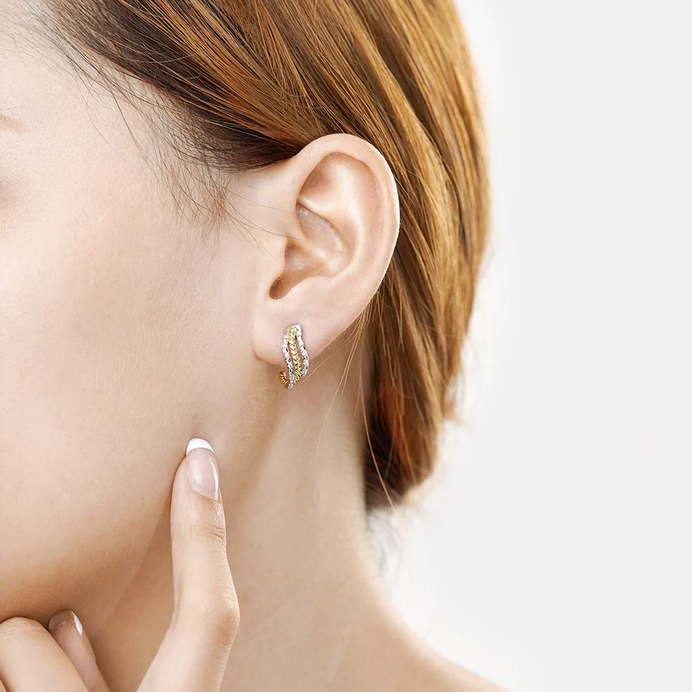Gnoce Twisted Shape Two Tone Paved C-hoop Stud Earrings - Image 6