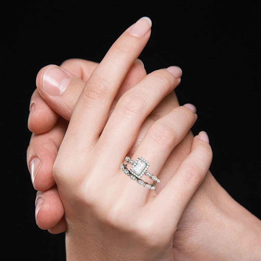 Gnoce Emerald Cut Halo Ring Set Platinum-plated Silver Blend - Image 7