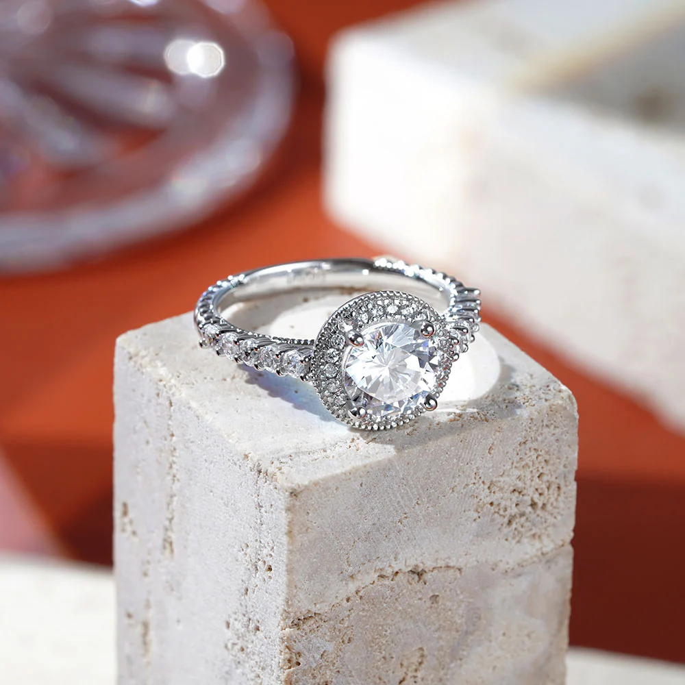 Gnoce Round Cut Halo Milgrain Ring Platinum-plated Silver Blend - Image 5