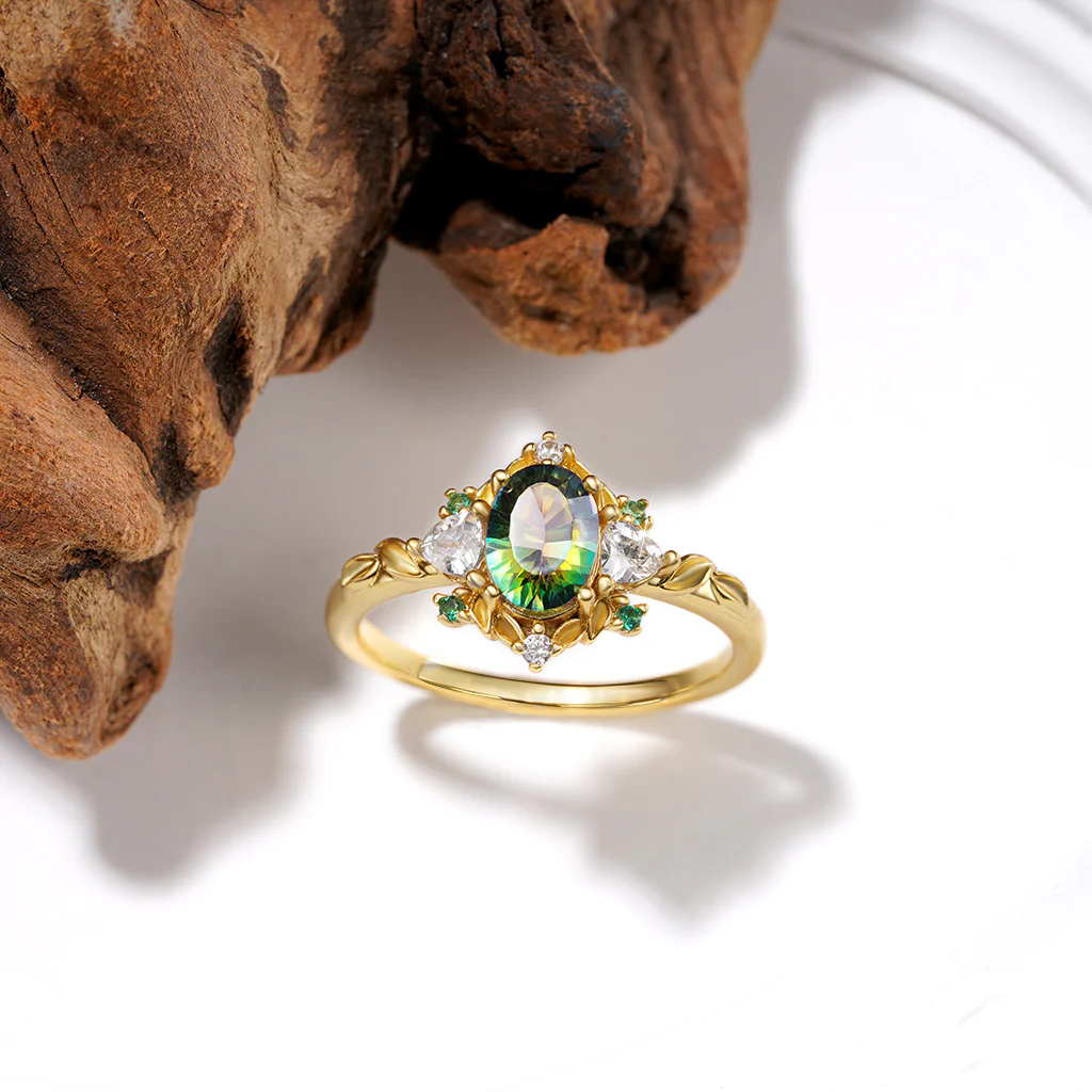 Gnoce Oval-Cut Secret Garden Gold Leaf Teal Ring Platinum-plated Silver Blend - Image 3
