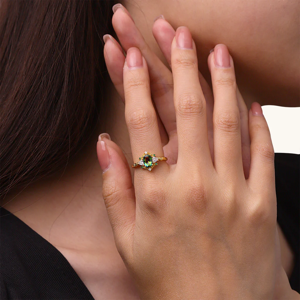 Gnoce Oval-Cut Secret Garden Gold Leaf Teal Ring Platinum-plated Silver Blend - Image 4