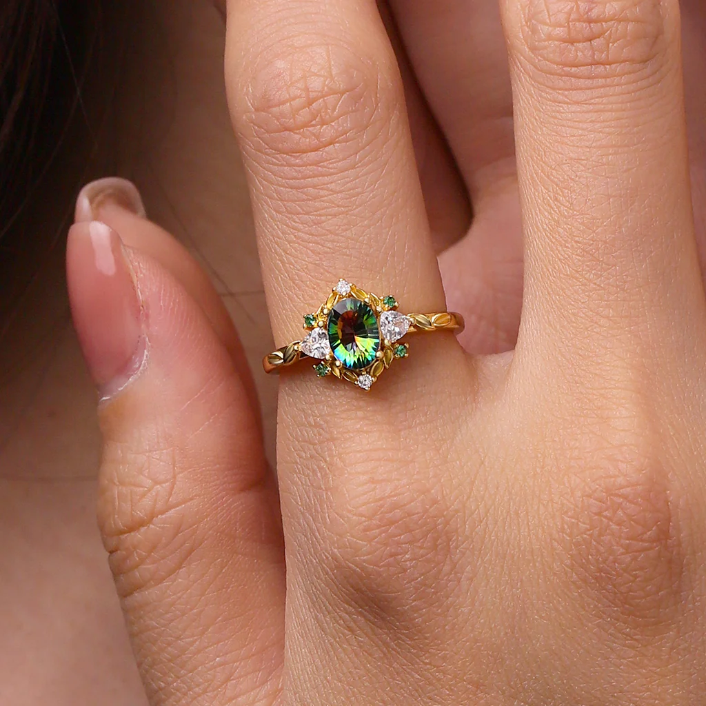 Gnoce Oval-Cut Secret Garden Gold Leaf Teal Ring Platinum-plated Silver Blend - Image 5